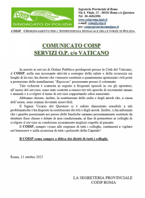 COMUNICATO COISP: Servizi O.P. c/o VATICANO